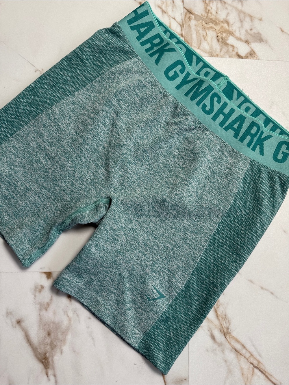 Gymshark Seamless Bike Shorts Blue Green Spellout Sz M Trendy Run Workout